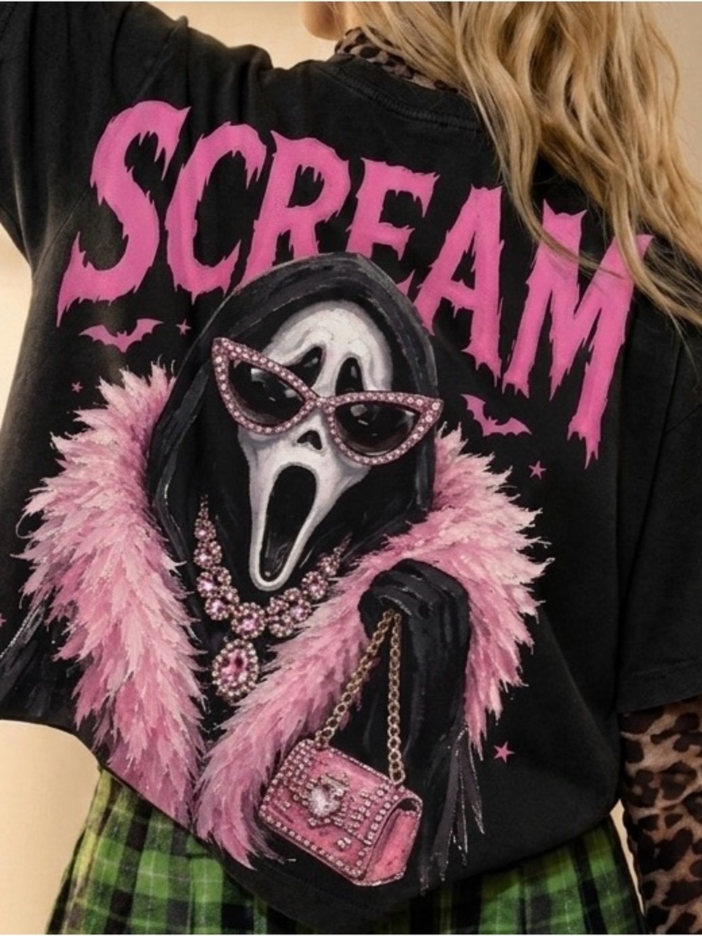 Scream Graphic Tee with Pink Feathers